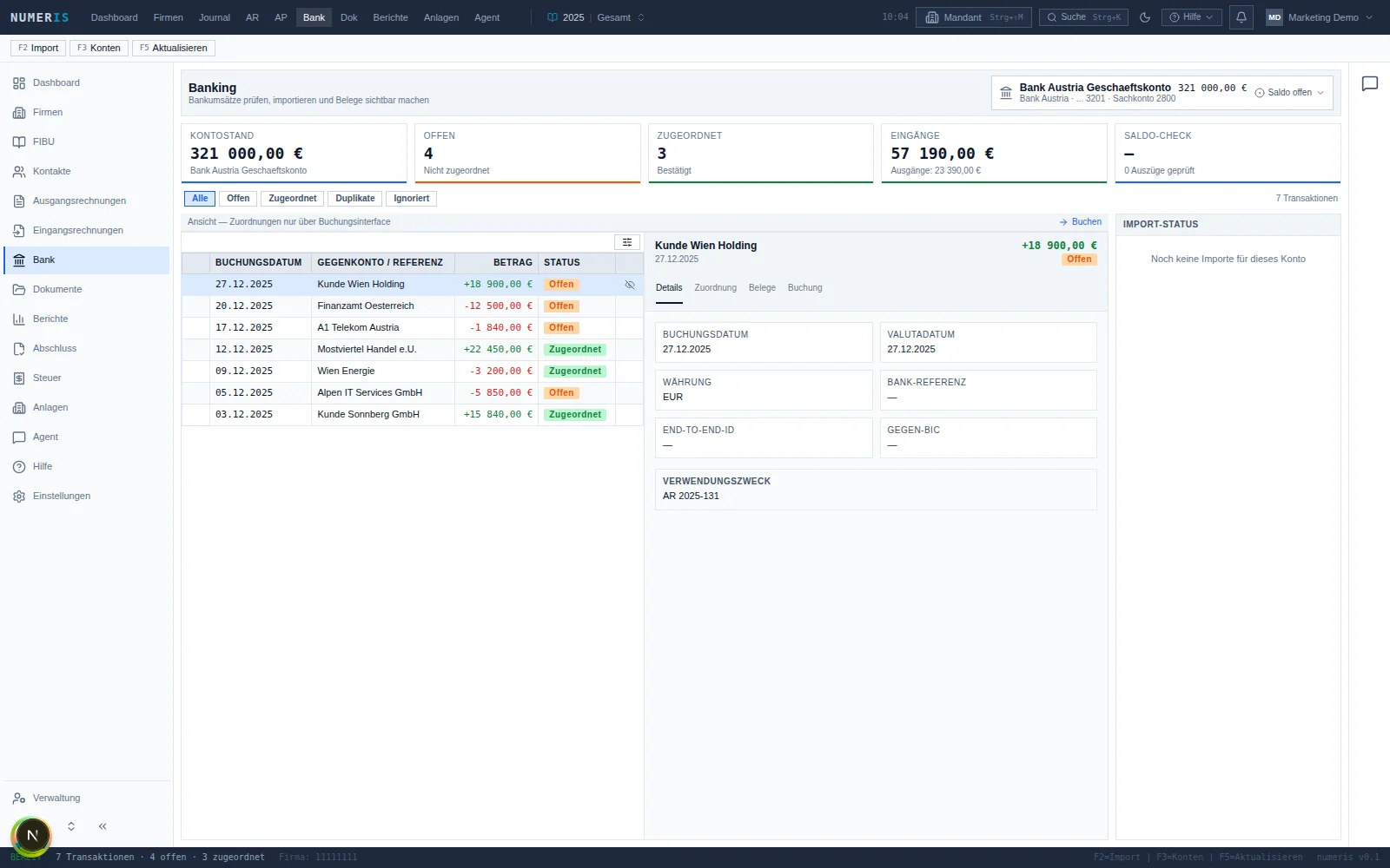 Numeris Banking-Ansicht mit Erste-Bank-Konto, Transaktionen und Matching-Status.